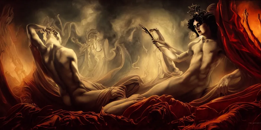 Prompt: Hades the God of the Underworld, by Rolf Armstrong and Evelyn De Morgan and Bastien Lecouffe-Deharme, dramatic lighting, high contrast colors, baroque, empyrean, panoramic view, as trending on Artstation, highly detailed, doom engine,