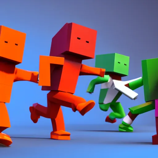 Image similar to high quality 3d render of dancing block figures looking like roblox figures, bright and fun colors, octane render, trending on artstation