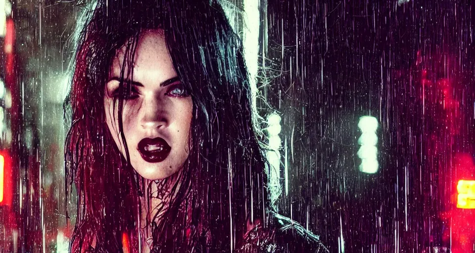 Image similar to a 2 8 mm closeup photo of megan fox posing as a vampire in emo clothing in a wet city street at night, intricate, hyper detailed, smooth, high contrast, neon, volumetric lighting, octane, moebius, greg rutkowski, blade runner, ripley scott, mad max, cindmatic
