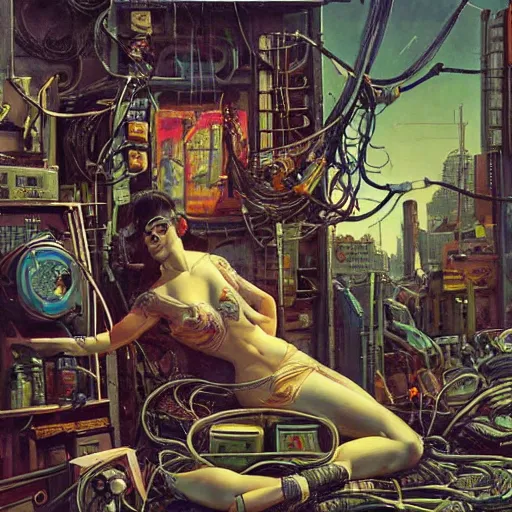 Image similar to Cyberpunk junkyard, organic tendrils and hanging cables, detailed painting by Gil Elvgren and Eric Stanton