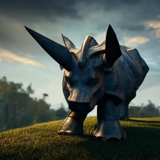 Prompt: photography of a realistic rhyhorn animal, ultra detailed, 8 k, cinematic lighting, natural background, trending on artstation, pokemon