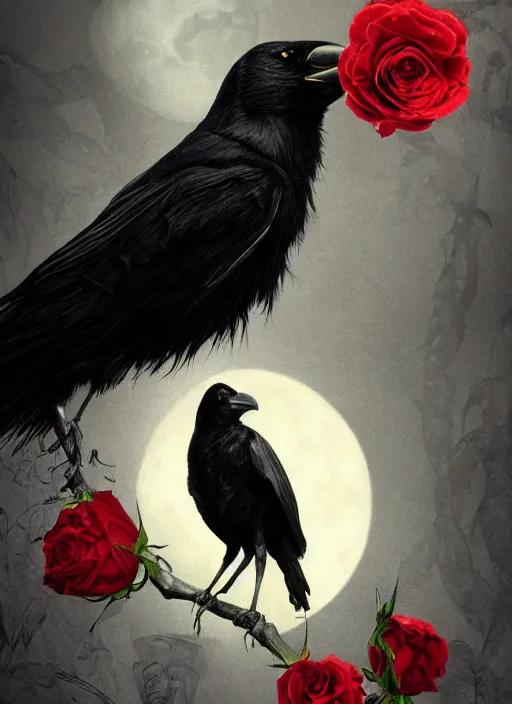 Image similar to portrait, A crow with red eyes in front of the full big moon, book cover, red roses, red white black colors, establishing shot, extremly high detail, foto realistic, cinematic lighting, pen and ink, intricate line drawings, by Yoshitaka Amano, Ruan Jia, Kentaro Miura, Artgerm, post processed, concept art, artstation, matte painting, style by eddie mendoza, raphael lacoste, alex ross