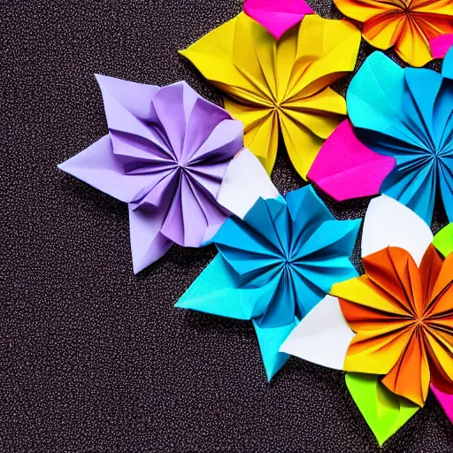 Image similar to origami flowers in multi colored paper, 3 d render, ultra detailed, on white background, studio shot