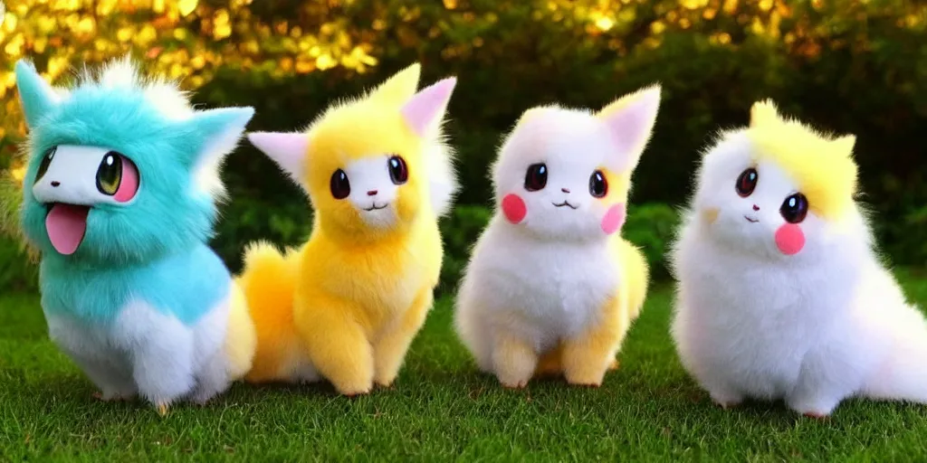 Image similar to real life pokemons, cute!!!, content!!!, mischievous!!!, adorable!!!, fluffy!!!, ultra realistic!!!, spring, golden hour, sharp focus