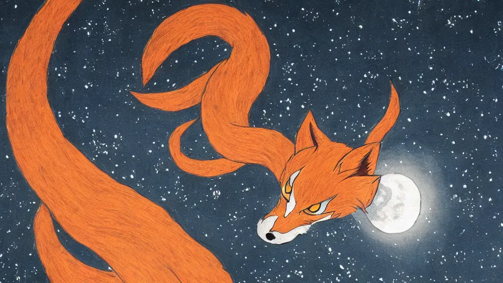 Prompt: an artwork of a kitsune under moonlight