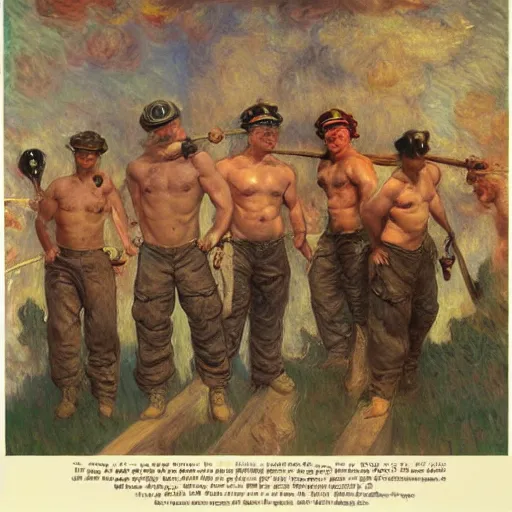 Prompt: attractive kawaii male firefighters of boston, painting by tom of finland, gaston bussiere, craig mullins, j. c. leyendecker, claude monet