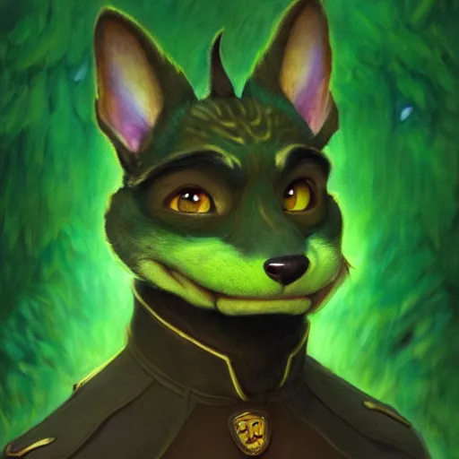 Image similar to a portrait of a male green canine dragon in starfleet uniform at night in a dark forest. zootopia fursona furaffinity furry art detailed face painting by gaston bussiere craig mullins jc leyendecker gustav klimt artgerm greg rutkowski furry