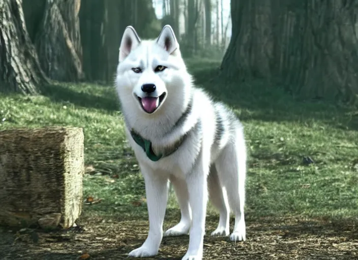 Image similar to film still of an anthropomorphic standing upright man dog white vested husky!!!!!! in a white vest wearing a white vest!!!!! in the new sci - fi movie, 8 k