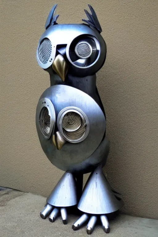 Image similar to picture of an mechanical owl, she is made from stainless steel and leathwr