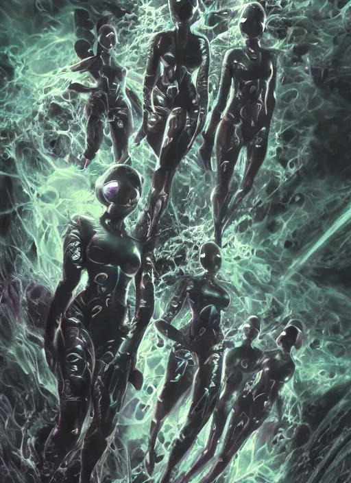 Image similar to astronauts girls in dark void underwater - complex and hyperdetailed technical suit design. reflection and dispersion materials. rays and dispersion of light. volumetric light. f / 3 2. noise film photo. flash photography. ultra realistic, wide angle. poster by wayne barlowe, hajime sorayama aaron horkey, craig mullins