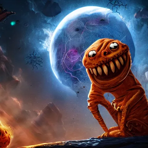 Image similar to eldritch horror bloody garfield in space, hd, 8 k, giant, epic, realistic photo, unreal engine, stars, prophecy, powerful, cinematic lighting, destroyed planet, debris, violent, sinister, ray tracing, dynamic, epic composition, dark, horrific, teeth, grotesque, monochrome drawing, hellscape