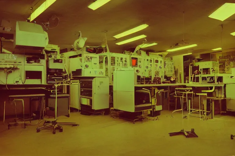 Image similar to AOC inside of a 1970s science lab, neon lights, dirty, ektachrome photograph, volumetric lighting, f8 aperture, cinematic Eastman 5384 film