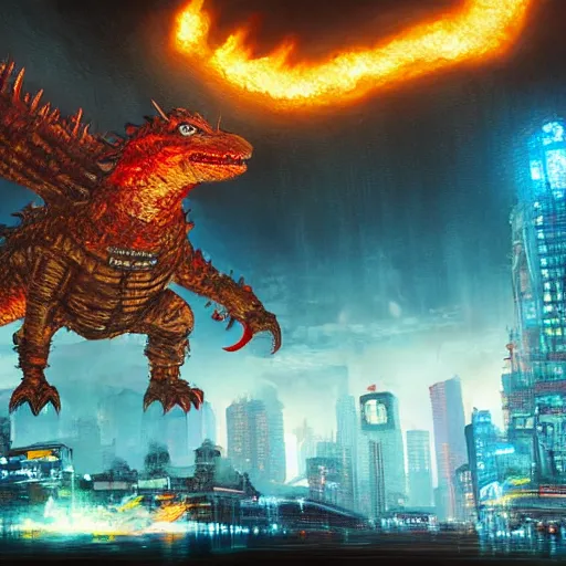 Image similar to an epic painting of minion as godzilla, destroying cyberpunk megapolis, oil on canvas, perfect composition, golden ratio, beautiful detailed, photorealistic, digital painting, concept art, smooth, sharp focus, illustration, fantasy background, artstation trending, octane render, unreal engine