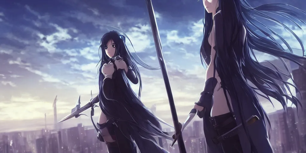 Image similar to girl with long black hair and a long black sword in front of a sci fi cityscape, ryohei fuke, makoto shinkai, detailed, cinematic, ultra - wide angle, dark sepia toned shading, luminescent eyes, blue fire.