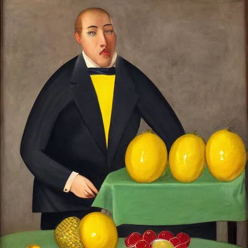 Prompt: a jaguar character wearing a suit selling lemons at a lemon stand in a garden, oil painting, classic art