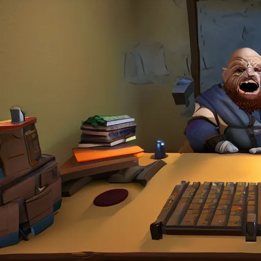 Image similar to A dwarf peeking over his desk surprised like Killroy, the desk is covered in scattered letters, deep rock galactic screenshot, low poly, digital art.