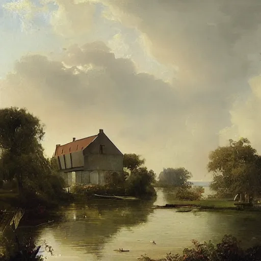 Image similar to a house by the lake painted by geoffroy thoorens