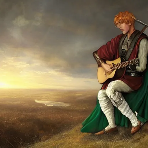 Image similar to kvothe playing his lute serenading the sunset, huntsman, medieval, green cape, by Aleksi Briclot