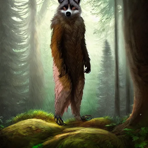 Image similar to a woodland druid in a forest with a wolf bird and racoon, photorealistic, in the style of greg rutkowski, digital painting