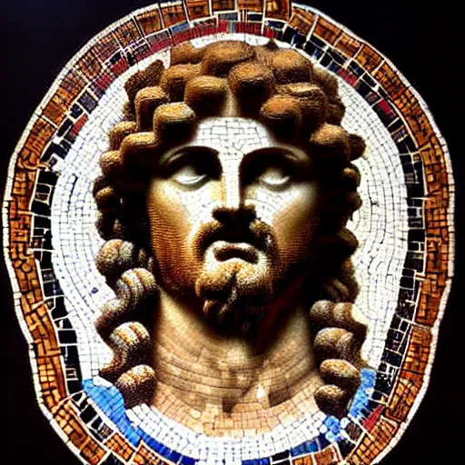 prompthunt: byzantine mosaic of gigachad, perfect face, perfect eyes,  strong jaw, centered, awarded photo, intricated, very detailed, highly  qualified