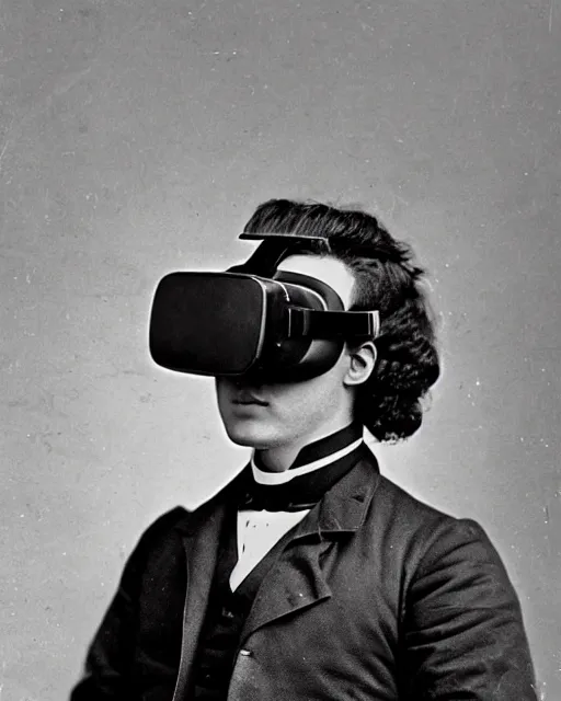 Image similar to 1 8 0 0 s photo of a person wearing a vr virtual reality headset