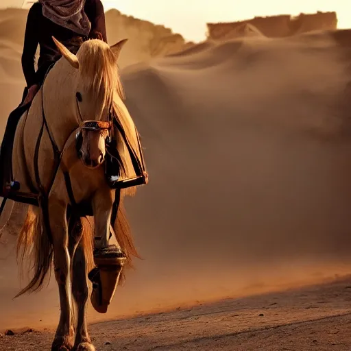 Image similar to ultra - photorealistic, middle eastern woman driving horse and handling weapon, dust, yellow cinematic, 4 k, 8 0 0 mm, uhd, vogue, winning photo of the year, sharp focus, intricate, hyperdetailed