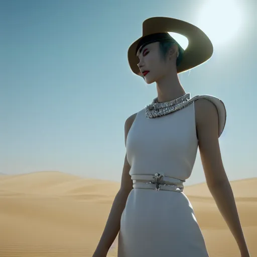 Image similar to innovative avant-garde art, deco fashion, japanese women, white theme, highly detailed, photorealistic portrait, serene desert setting, golden hour, crisp quality and light reflections, unreal engine 5 quality render