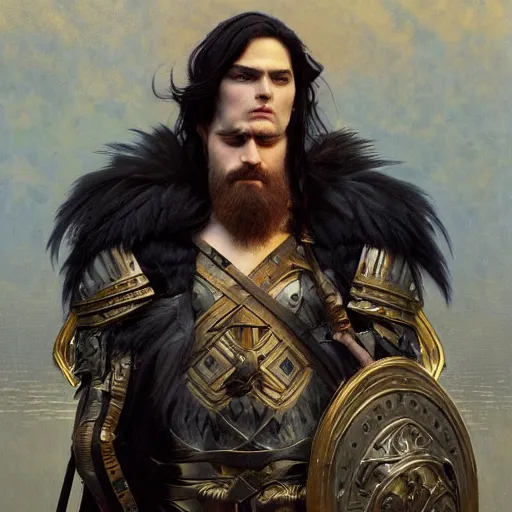 Image similar to pale, beautiful clean-shaven black-haired Viking lord wih sharp features, wearing a gilded black scale armor in the shape of art deco feathers and an arrogant heroic expression, by Greg Rutkowski, Brom, and Alphonse Mucha