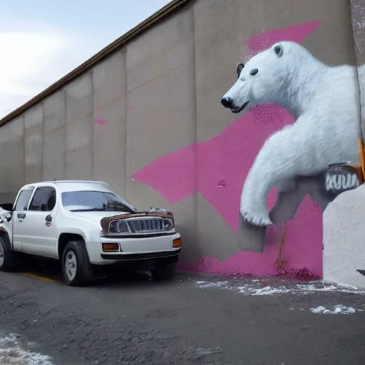 Image similar to a graffiti on a wall showing a polar bear driving a truck on ice