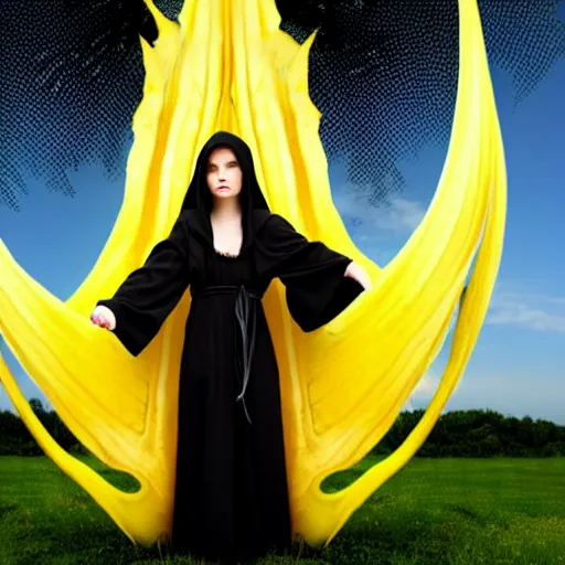 Image similar to a beautiful young witch in a black robe, holding white brugmansia