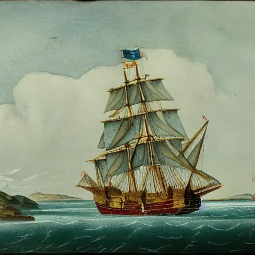 Prompt: Capitain Cook arriving in the bay of islands on the HMS Endeavour amongst dense New Zealand coastal forest, 1769 New Zealand, in the style of a Charles Emilius Gold watercolor