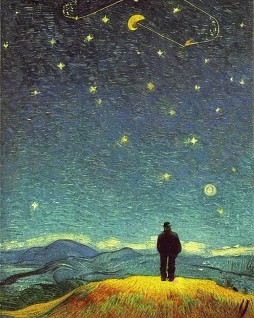 Image similar to a person looking at the night sky with stars, colorful, beautiful, national geographic, very detailed, astrophotography, oil painting, canvas, Theodor Kittelsen, Vincent van Gogh, Caspar David Friedrich