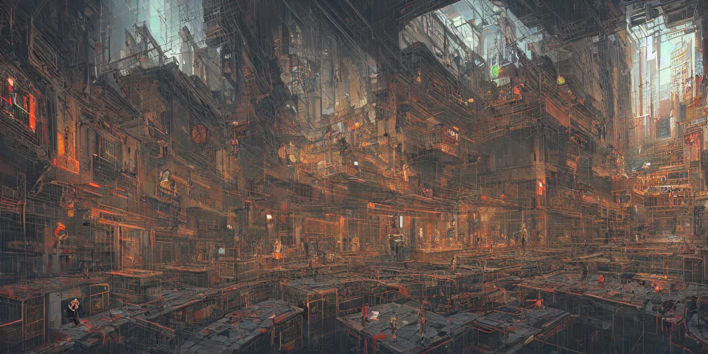 Prompt: the school of athens cyberpunk, hyper detailed, neon, concept art, award winning concept art