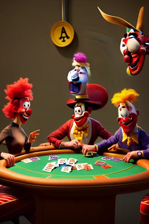 Image similar to pixar clowns sitting around a poker table, laughing maniacally | glamorous oily soft polished rich ornate modern | weta disney pixar movie still photo | hi - fructose, sci fi fantasy, smooth, octane render, sharp focus, artstation, concept art | artgerm, mucha, rutkowski, feng zhu, wlop, loish