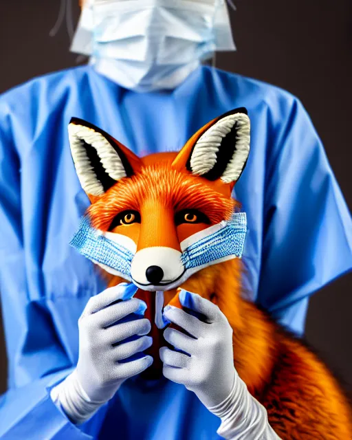 Image similar to photorealistic photo of anthropomorphic female fox animal dressed in labcoat, surgical mask covering mouth, putting on surgical gloves, fox animal, hospital in background, oil painting, 8 5 mm f / 1. 4