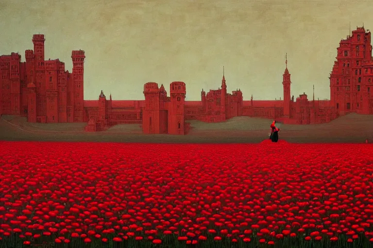 Image similar to only with red, red flowers of different types, red castle in background, red medieval big fat goblins, in the style of beksinski, parts by edward hopper, parts by rodcenko, parts by yue minjun, intricate and epic composition, red by caravaggio, insanely quality, highly detailed, masterpiece, red light, artstation, 4 k