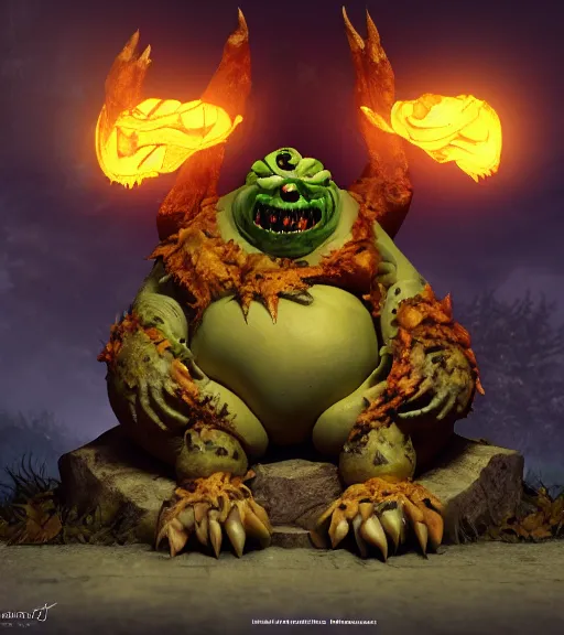 Prompt: fat pumpkin monster wearing king's clothing, sitting on a stone throne, john loren character illustration, creepy carved expression, darksiders halloween theme, octane render, z - brush, creepy lighting, dynamic pose, 4 k artstation