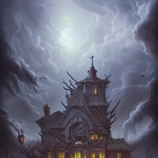 Prompt: Detailed Exterior Shot of Stormy Nightmare Evil Stormy!!! Rundetårn, light of hell, moonlight shafts, flock of birds, moody grim atmosphere, in Style of Peter Mohrbacher, cinematic lighting