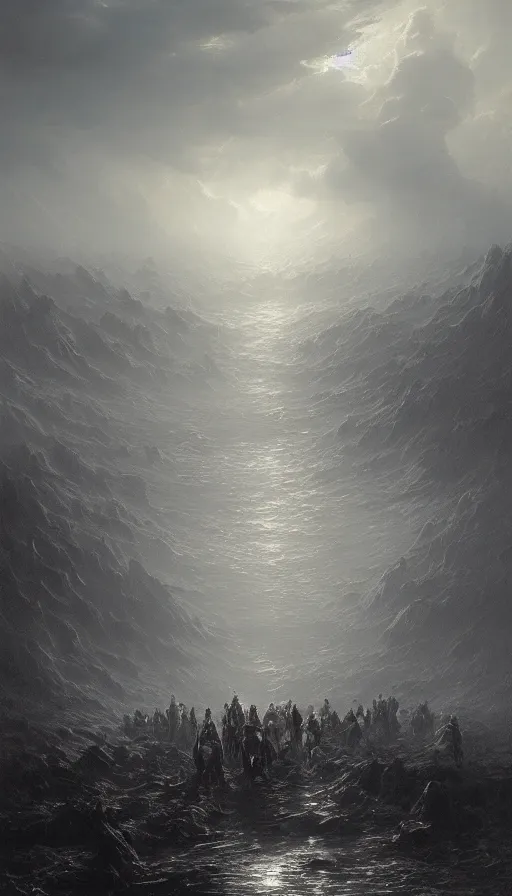 Image similar to bloody river in hell, by greg rutkowski, by Gustave Dore, people walking into the horizon, trending on artstation