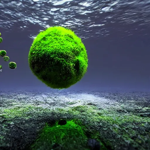 Image similar to man made of marimo moss balls running at the bottom of a lake, unreal engine, high detail