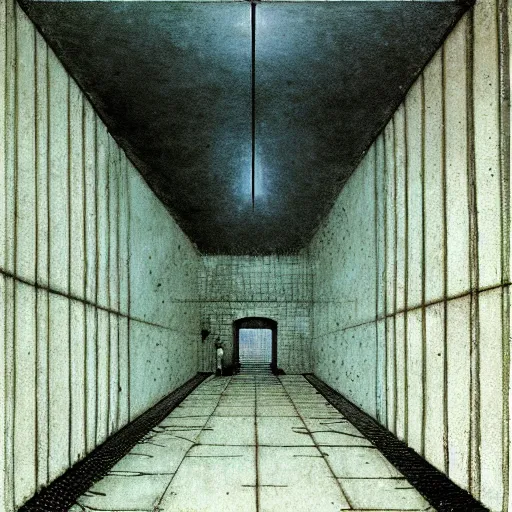 Prompt: Transit Station. Vacant. Desolation. Unsettling. Zdzisaw Beksinski