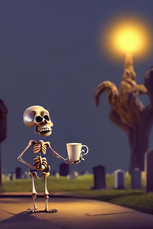 Image similar to a small skeleton character with big round eyes holding a cup of coffee on a cemetery at night. pixar disney 4 k 3 d render movie oscar winning trending on artstation and behance. ratatouille style.