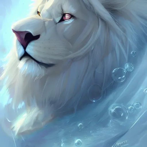 Prompt: aesthetic portrait commission of a albino male furry anthro lion floating and sleeping inside a soap bubble while opening its third eye in the blue cloudy sky, minimalistic sky Atmosphere, hyperdetailed. Character design by charlie bowater, ross tran, artgerm, and makoto shinkai, detailed, inked, western comic book art, 2021 award winning painting