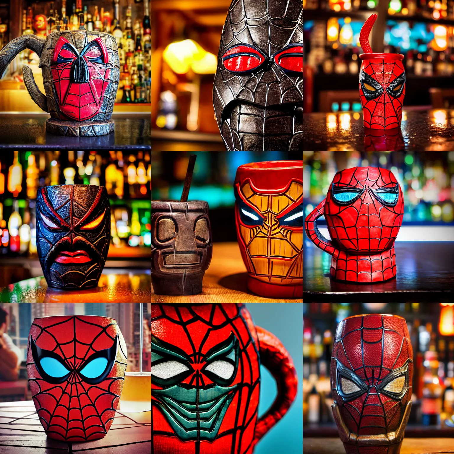 Prompt: a closeup photorealistic capture of spider man style tiki mug on a trader vic's bar featuring the face of spider man. tiki theme. bright scene. fine detail. this 4 k hd image is trending on artstation, featured on behance, well - rendered, extra crisp, features intricate detail, epic composition and the style of unreal engine.