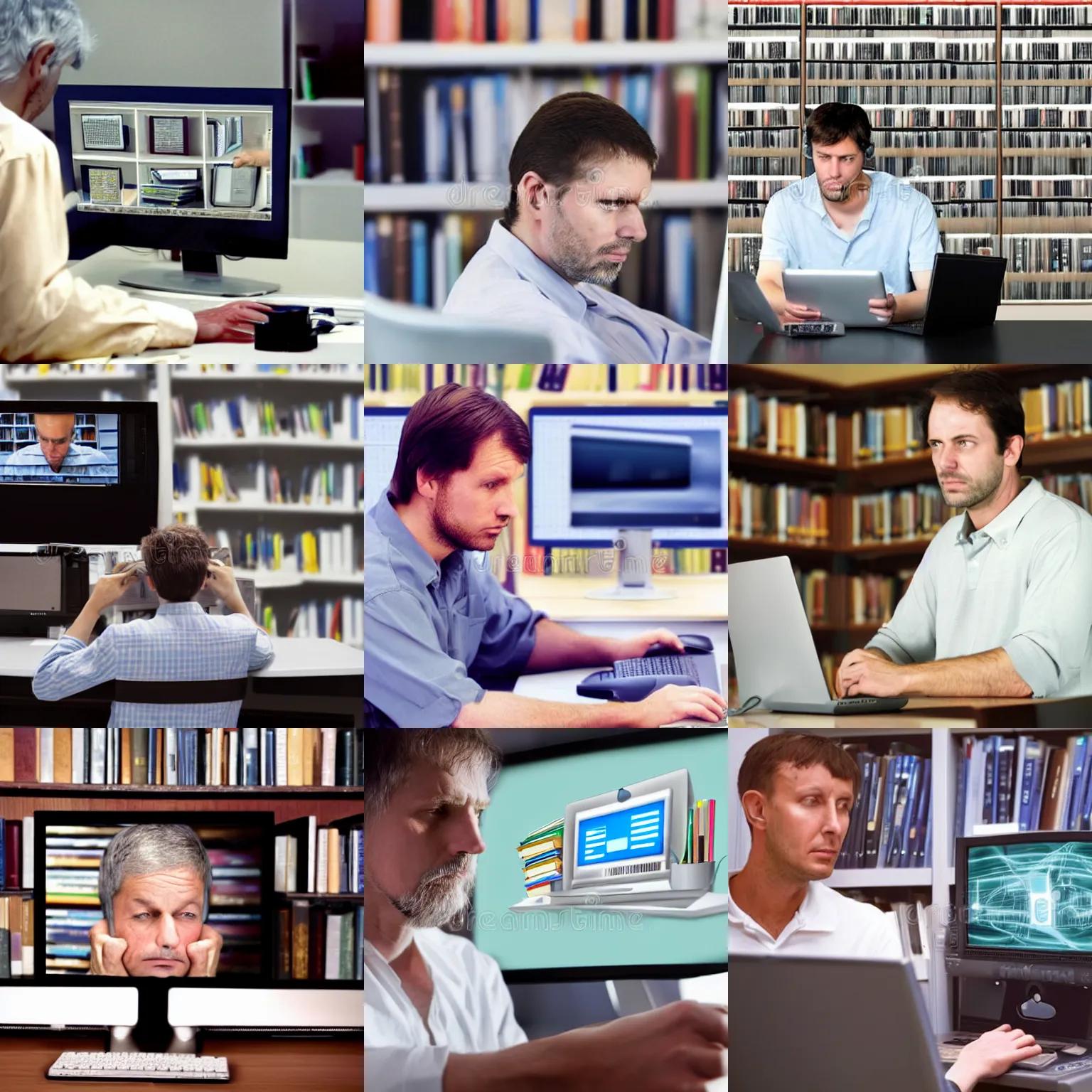 Prompt: a nervous, guilty looking man sitting at a library computer, a half - digital car is manifesting through the computer screen, stock photo from 1 9 9 9