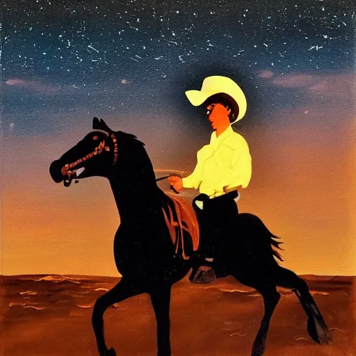 Prompt: a high contrast oil painting of a cowboy riding a horse towards a glowing blue ring suspended in a dark night sky