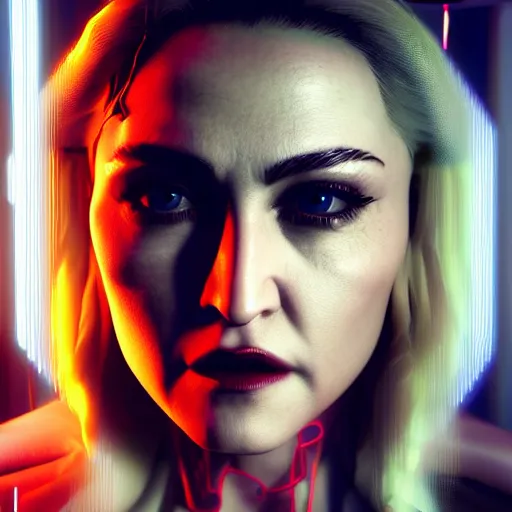 Image similar to madonna portrait, Cyberpunk 2077, photorealistic, ultra detailed, cybernetic head, neon, octane, bokeh, cyber, cyber style, feature, scars, cyberface, 8k