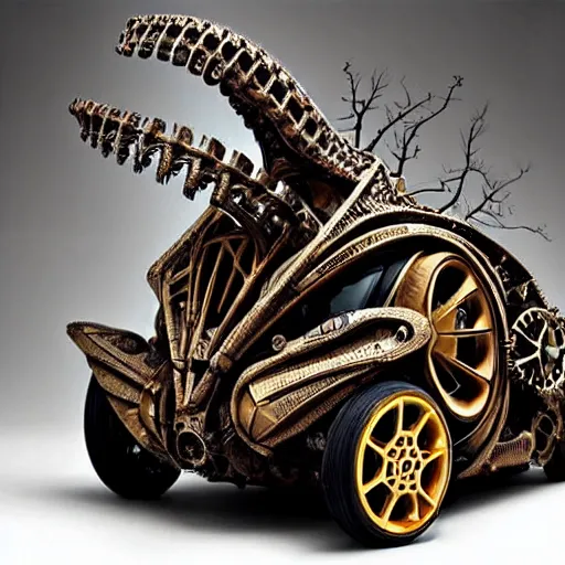 Prompt: biomechanical steampunk vehicle reminiscent of fast sportscar with robotic parts and (glowing) headlights parked in ancient lush palace, gothic and baroque, brutalist architecture, ultradetailed, creepy ambiance, fog, artgerm, giger, Intricate by Ellen Jewett and Josan Gonzalez and Giuseppe Arcimboldo