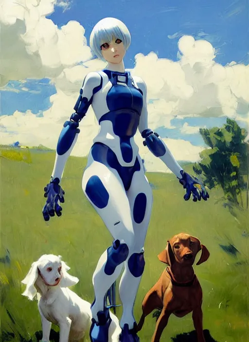 Image similar to Greg Manchess painting of Rei Ayanami in Plugsuit out with the dogs, EVA unit-00 in the back, countryside, fantasy character portrait, dynamic pose, above view, sunny day, thunder clouds in the sky, artwork by Jeremy Lipkin and Giuseppe Dangelico Pino and Michael Garmash and Rob Rey, very coherent asymmetrical artwork, sharp edges, perfect face, simple form, wacky, 100mm