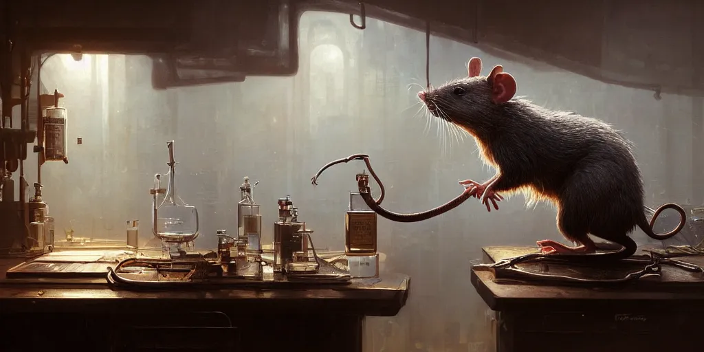 Image similar to highly realistic intricate rat standing on a desk in a laboratory with lots of flasks filled with magic liquids and poisonous fog, stephen bliss, unreal engine, fantasy art by greg rutkowski, loish, rhads, ferdinand knab, ilya kuvshinov, rossdraws, tom bagshaw, global illumination, radiant soft light, detailed and intricate environment